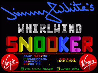 Jimmy White's 'Whirlwind' Snooker title screen for Amiga